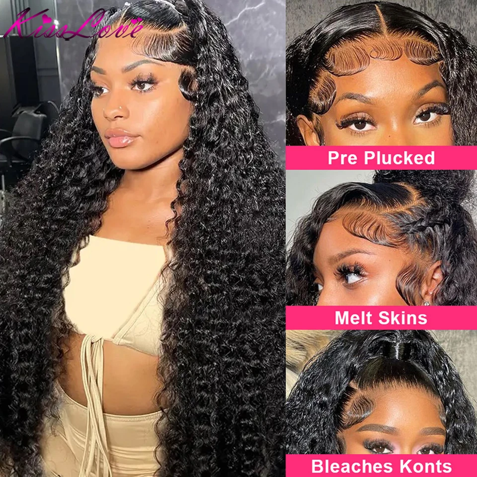 KissLove-Thick Full Deep Wave Perucas para Mulheres, HD Lace Front Perucas, Pré Arrastado 360 Lace Frontal Peruca, Cabelo Humano, 300 Densidade, 13x4