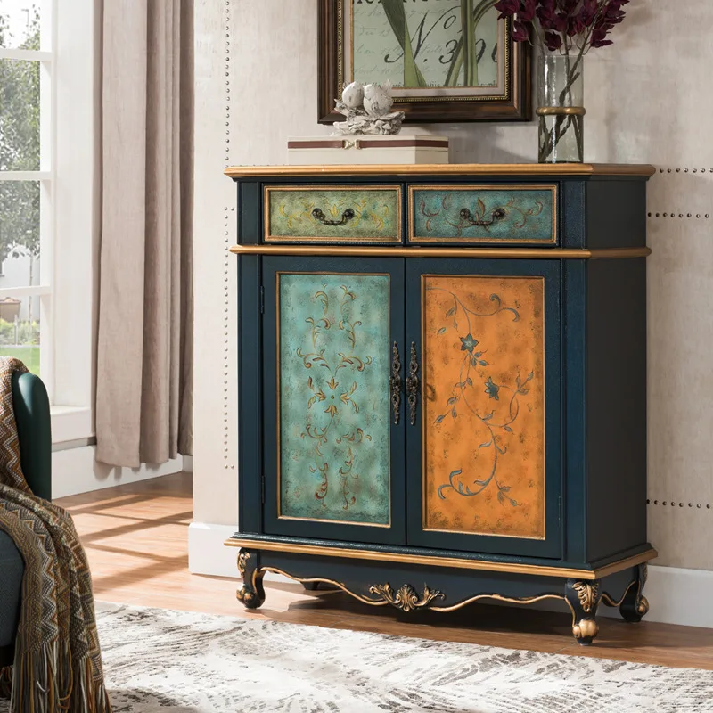 

Обувь из цельного дерева в стиле ретро, старая окрашенная мебель, синее хранилище для гостиной, вход