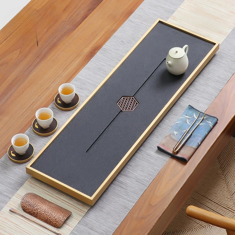 Stone engraved natural Wujinshi tea tray household light luxury modern copper stone tea table drainage tray drain tray tea sea