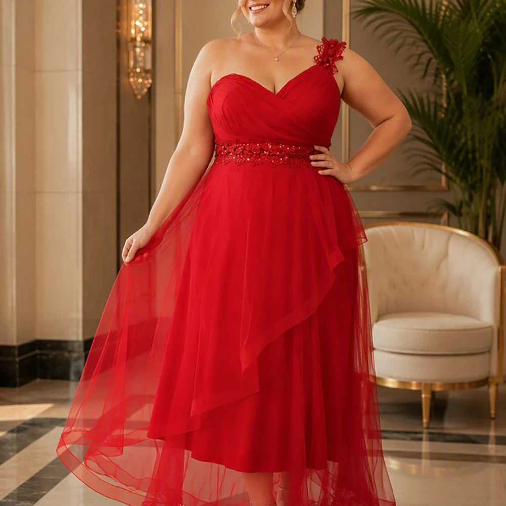 Plus Size One Shoulder Mermaid Evening Dress Elegant Luxurious Lace Trim Ruffled Layered Tulle Formal Party Wedding Guest Gowns