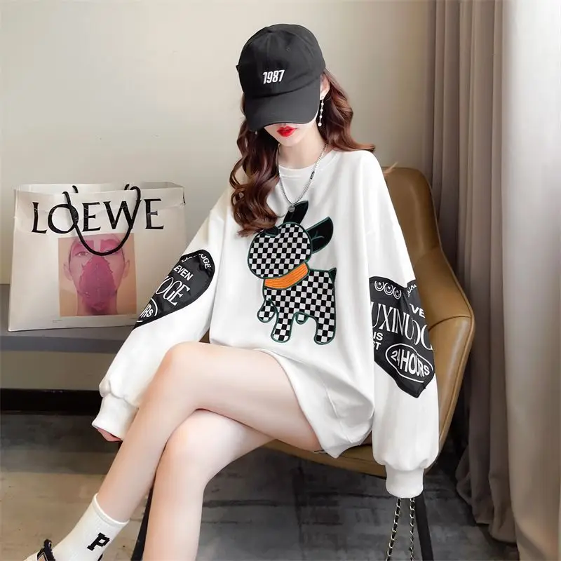 2024 Autumn Winter New Casual Korean Printing O-neck Long Sleeve Mid Length Top Femme Loose Cartoon Pullover T-Shirts Women\'s