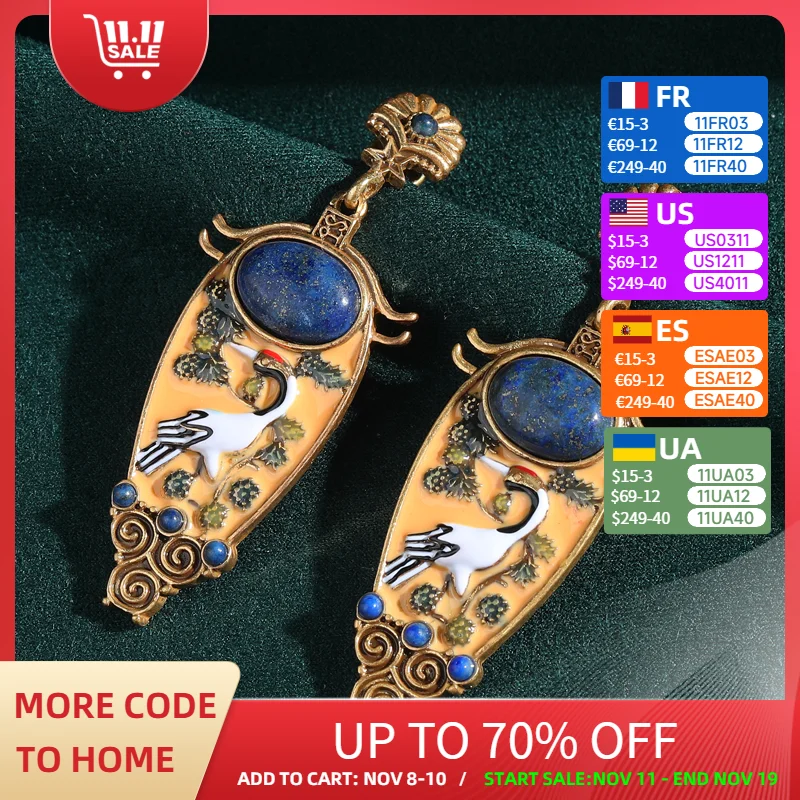 

Vintage Blue Big Lapis Lazuli Crane Drop Earring Gold Color Natural Stone Quality Luxury Designer Jewelry Gifts Wedding New 2025