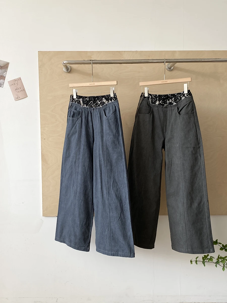 

Джинсы с высокой талией и кружевными вставками, широкие джинсовые брюки с эффектом потертости, женские джинсы в американском стиле, осенняя коллекция, эффект похудения