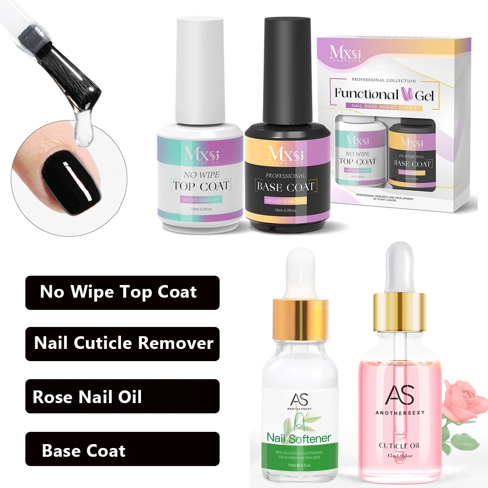 

AS Gel Top Coat Base Coat Cuticle Oil Set 4Pcs 15ml No Wipe TopCoat Gel Polish Glossy Long Lasting Cuticle Protectors Xmas Gift