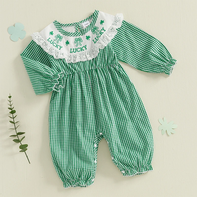 

Infant Girls Rompers Irish Clothing Shamrock Initial Embroidery Checkered Lace Sleeved Spring s Playsuits with Matching