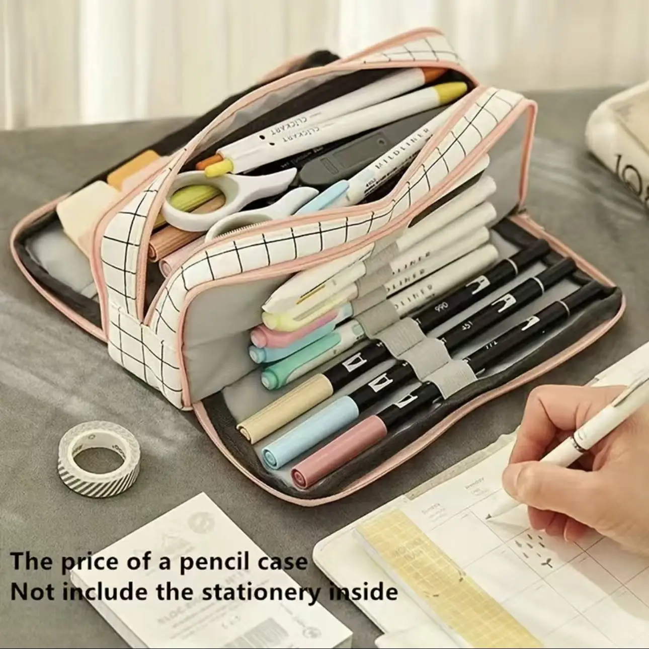 Stationary Pen Storage Bag Pen Pencil Bag Multi Layer Large Capacity Cosmetic Travel Storage Bag Simple Plaid Pencil Case image 2