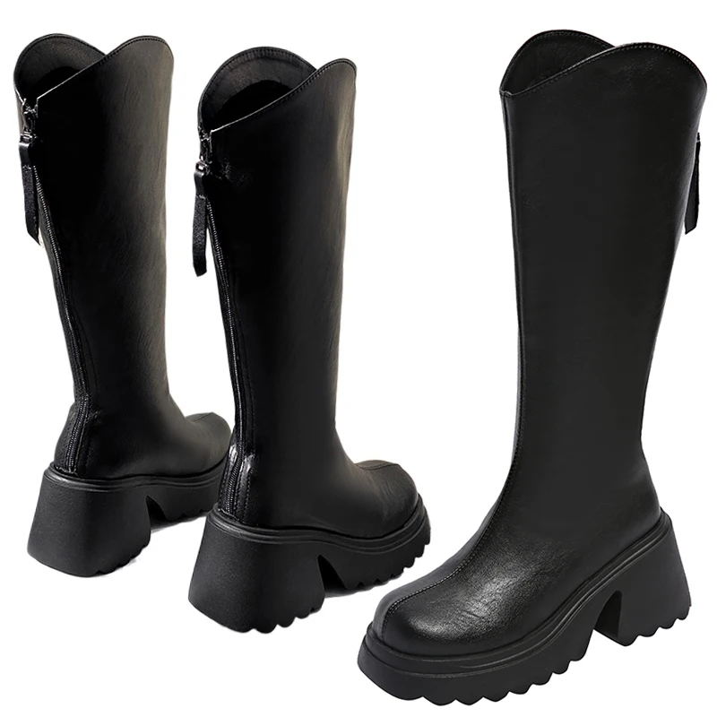 

Spring Autumn Winter New Slim 8CM High Heels Platform Fabric Patchwork Genuine Leather Women Knee-High Long Equestrian Boots