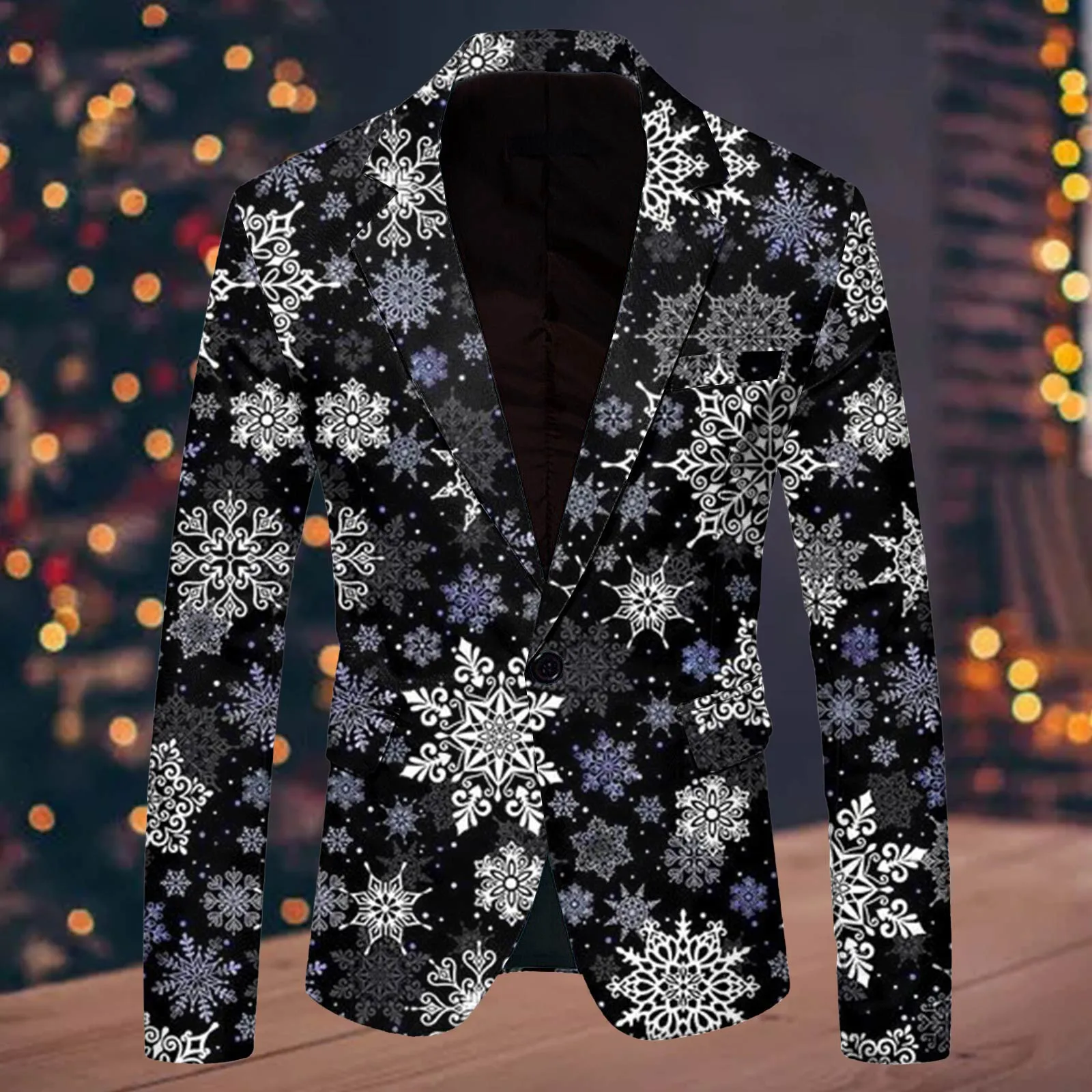 

Christmas Men's Suit Jackets Snowflake Elk Print Black Blazer Coast Long Sleeve Lapel One Button Party Slim Outwears Plus Size