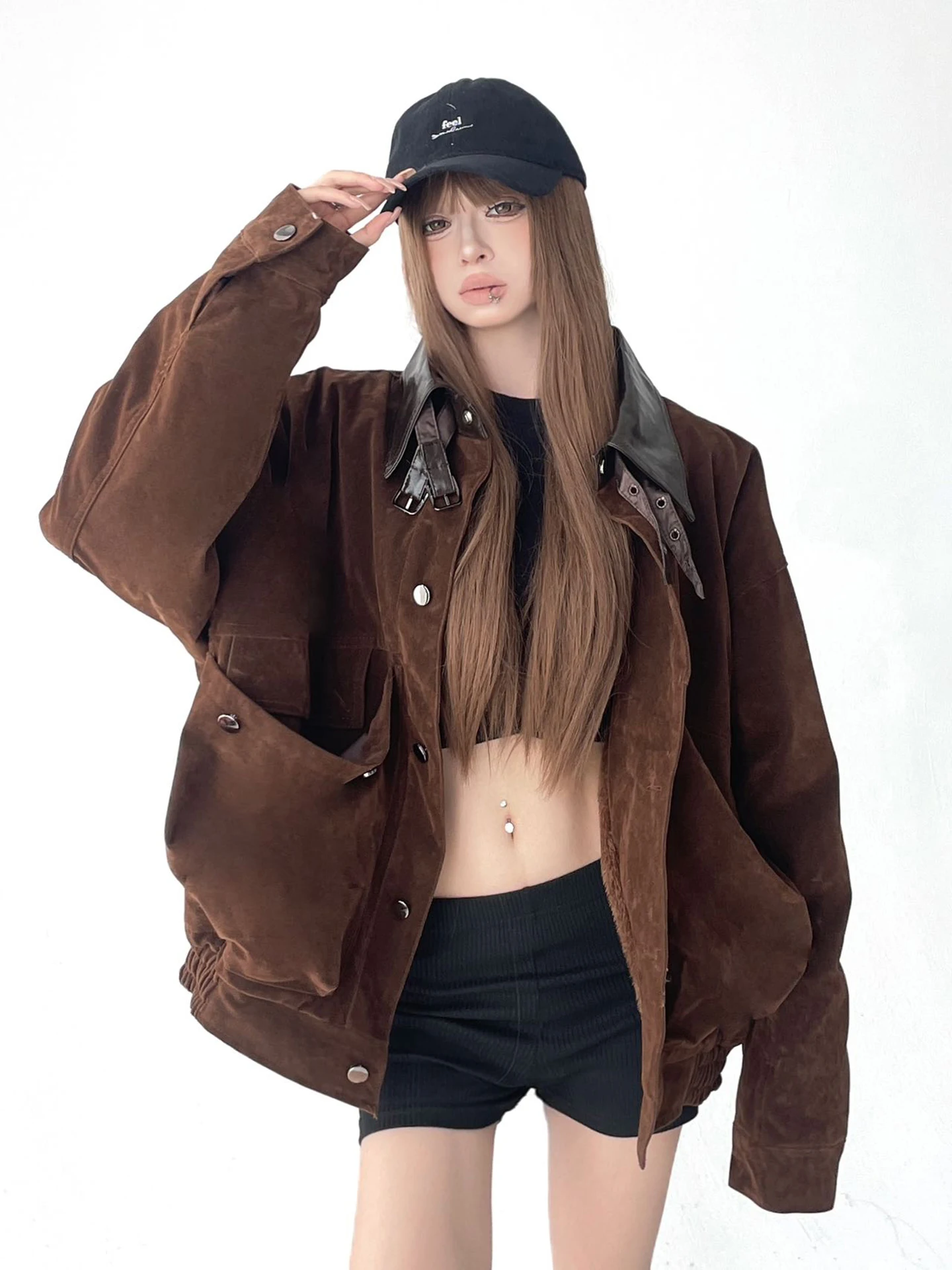 Retro American Suede Workwear Collar Jaet Winter Thiened ort Coat Couple Matching Faux Fur Outerwear Polyester Blend