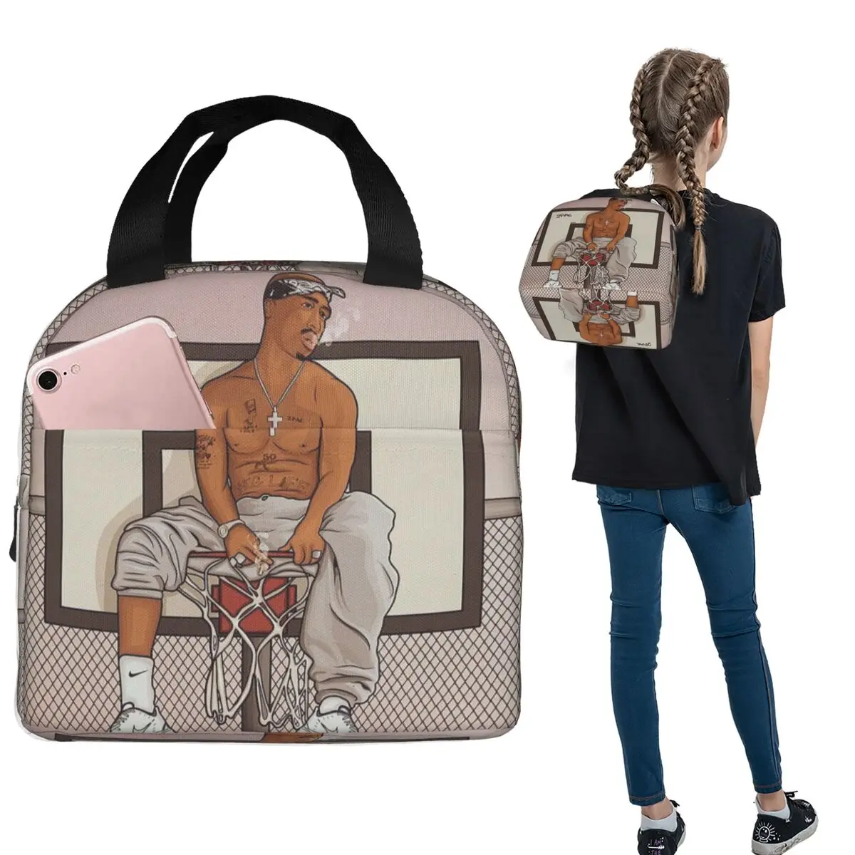 Rapper Tupac 2PAC Hip Hop Insulated Lunch Bag for Women Children Leakproof Food Boxes Thermal Lunch Box Tote