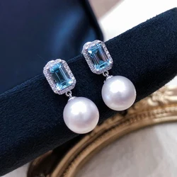 Huitan Simulated Pearl Earrings with Square Blue Cubic Zirconia Trendy Women Ear Accessories New Wedding Band Fashion Jewelry