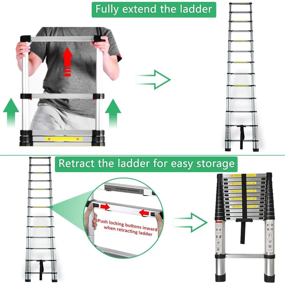 12.5FT Aluminum Telescoping Ladder with One-Touch Retraction and 330lb Load Capacity for Multipurpose Use