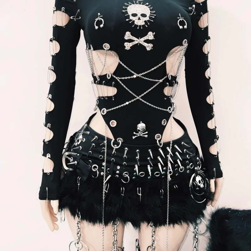 Gótico preto escuro oco para fora colete de uma peça feminino original indústria pesada punk saia curta sexy doce legal saias terno senhoras