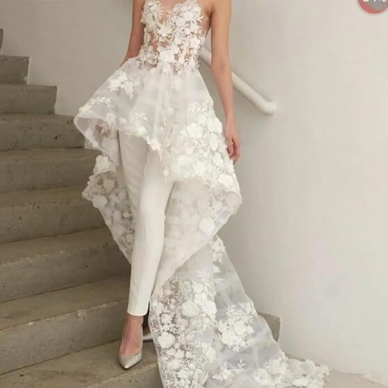 Monos Blancos bohemios, vestidos de novia largos de tren, encaje de corazón, apliques florales 3D, vestido de novia sin pantalones, Sexy, nuevo, 2023