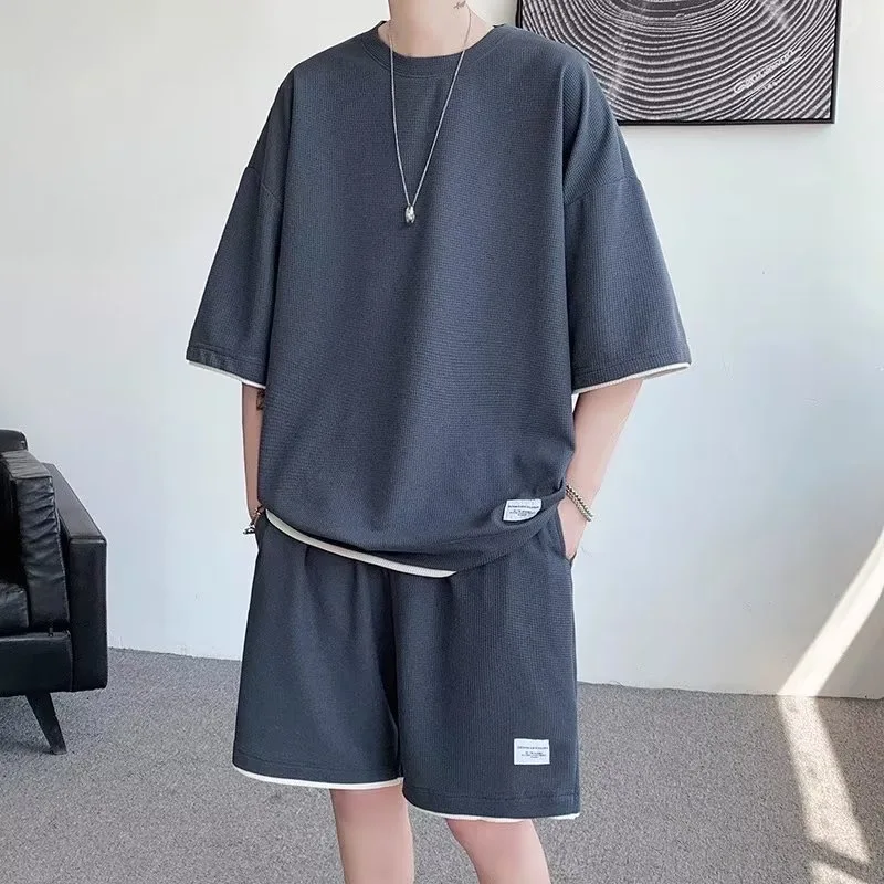 New Summer Men Waffle Sets Casual T-Shirt and Shorts Set Male Sports Suit Solid Color Tracksuit Loose Suits Size 5XL