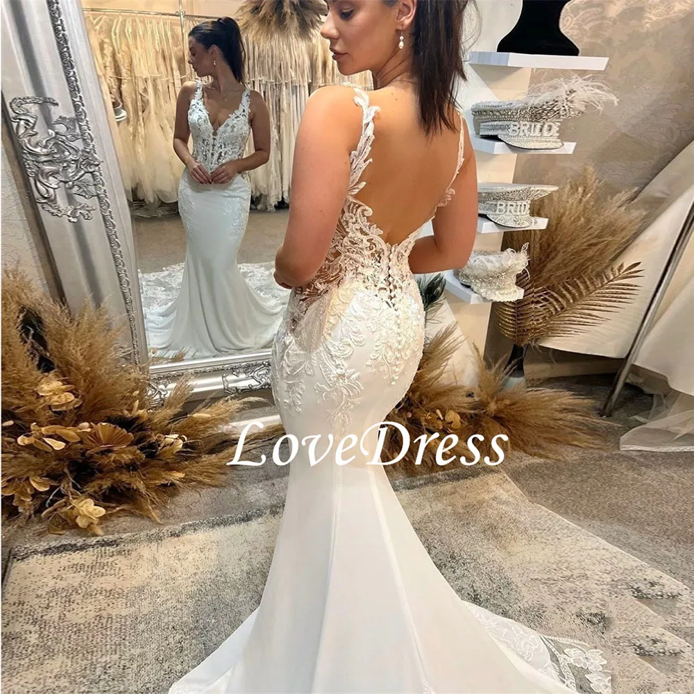 LoveDress Elegant V-Neck Mermaid Wedding Dresses Lace Appliques Backless Bridal Gowns Sweep Train Vestido De Mariee 2023