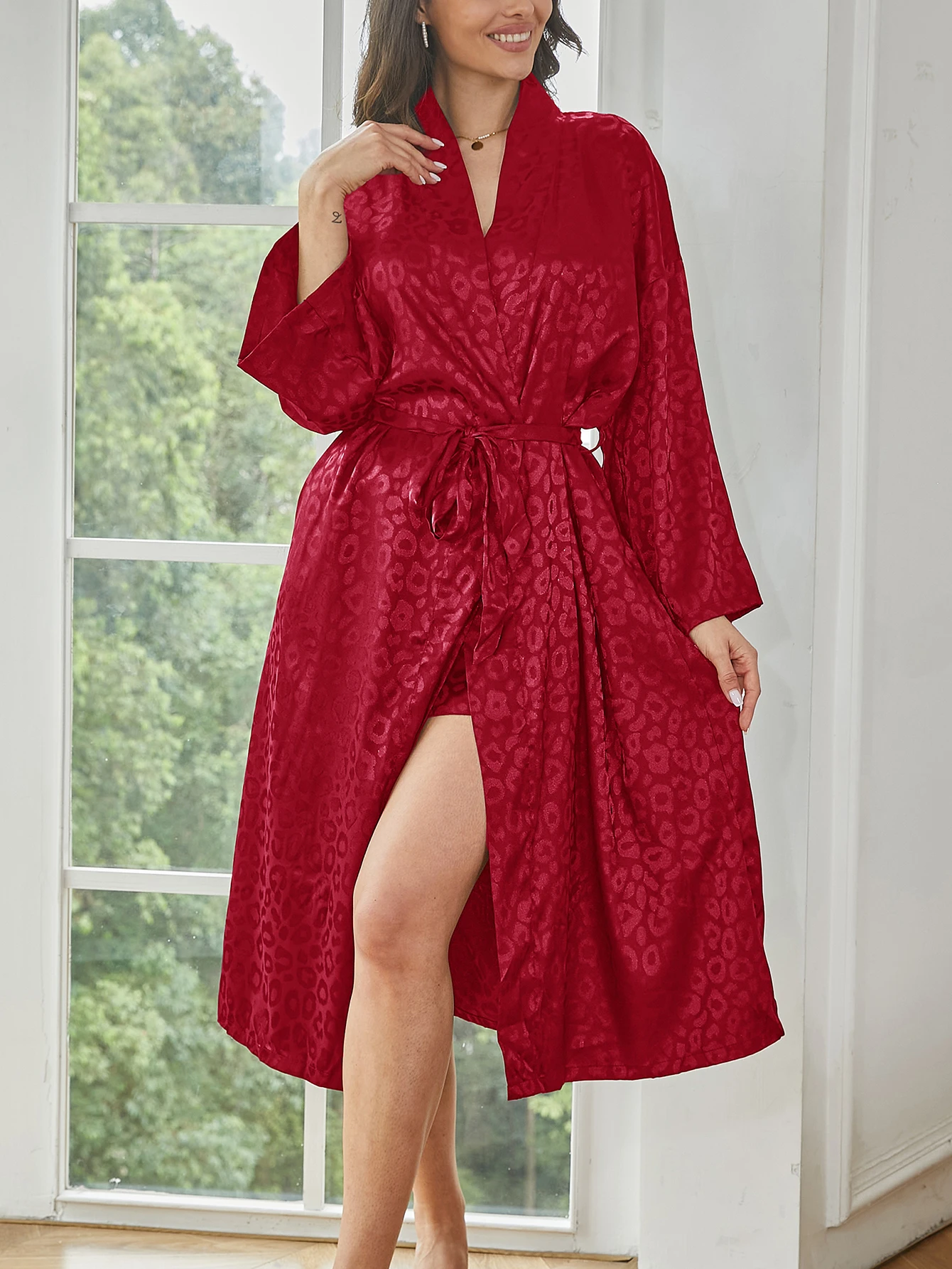 Цельная элегантная женская жаккардовая свободная ночная рубашка с длинными рукавами, крутая дышащая домашняя одежда для использования в помещении