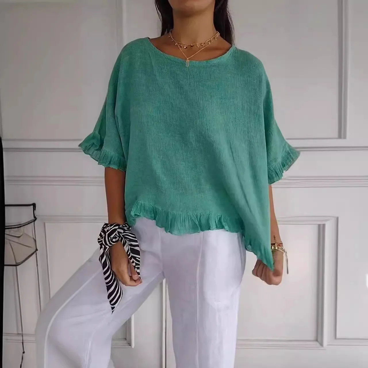 Fashion O-neck Short Sleeve Solid Women Tops And Blouses Summer Cotton Linen Casual Top Femme Women's Blouse Shirt