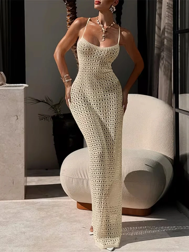 2026 Cover-ups Beach Dress Beachwear Female Women Beach Wear Hollow Out Cross Back Crochet Knitted Tunic Beach Cover Up V7505
