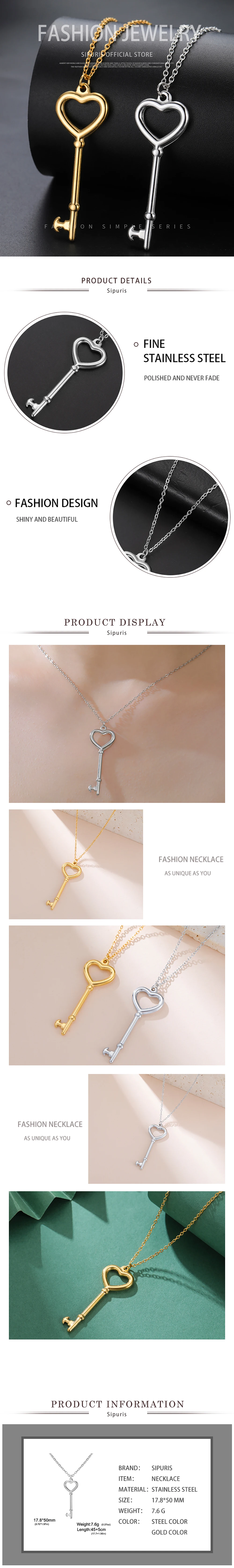Sipuris Herzschlüssel-Anhänger Halskette Edelstahl Romantisch Niedlich Damen Herren Goldener Choker Schmuck Valentinstagsgeschenk – Detail 5
