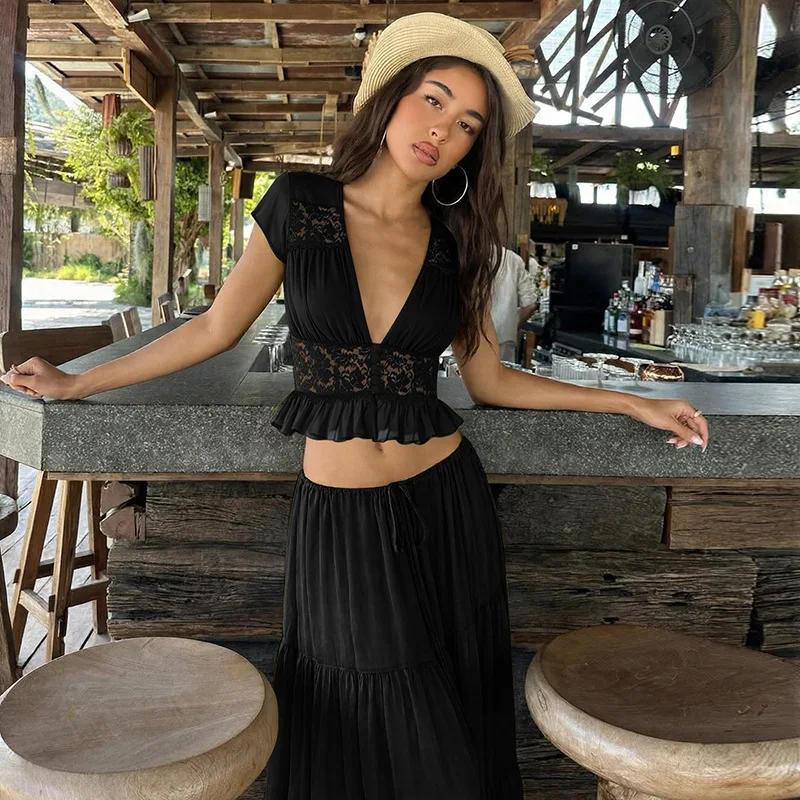 Women's 2-Piece Chiffon Skirt Set: V-Neck Top and Maxi Skirt