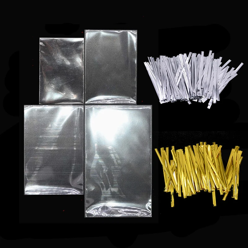 200Pcs/Set 4 Sizes Clear Plastic Bag Flat Open Top For Lollipop Candy Cookie Gift Bags and Gold Silver Ties Wedding Party Supply