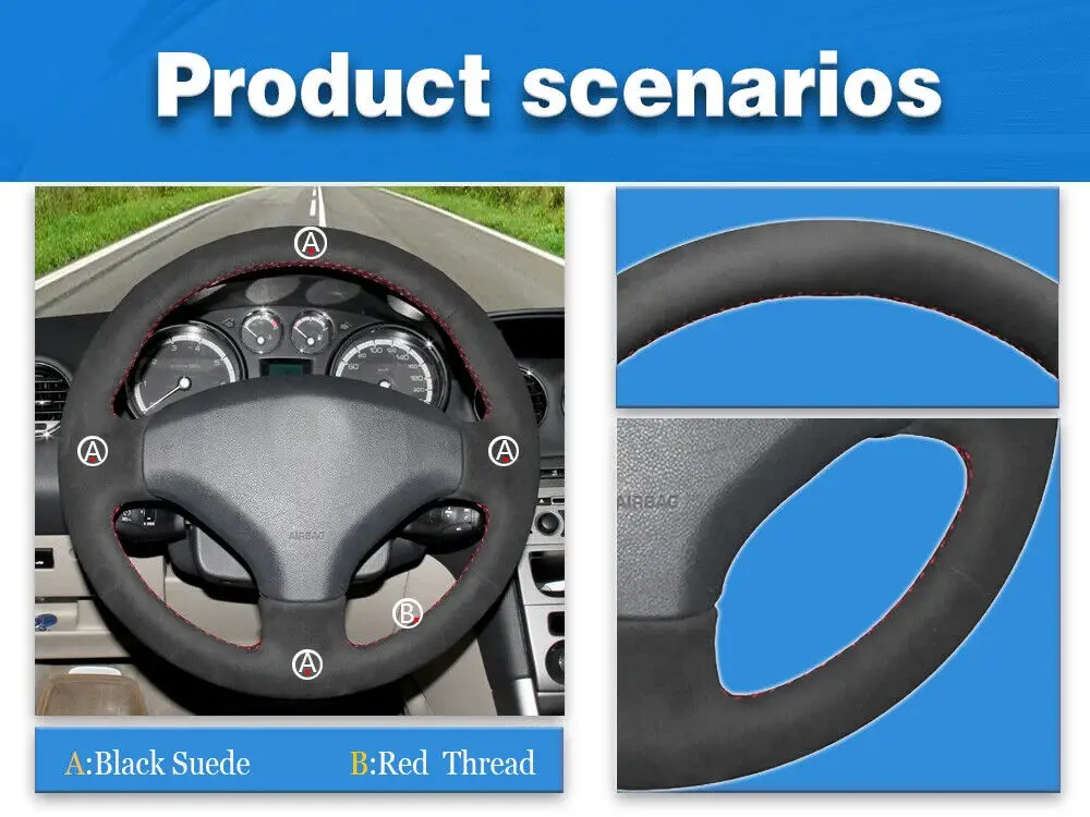 Hand Sewn Non-slip Custom Suede Hand-Stitched Steering Wheel Cover For Peugeot 308 2007-2013 3008 / 408 Interior Accessories
