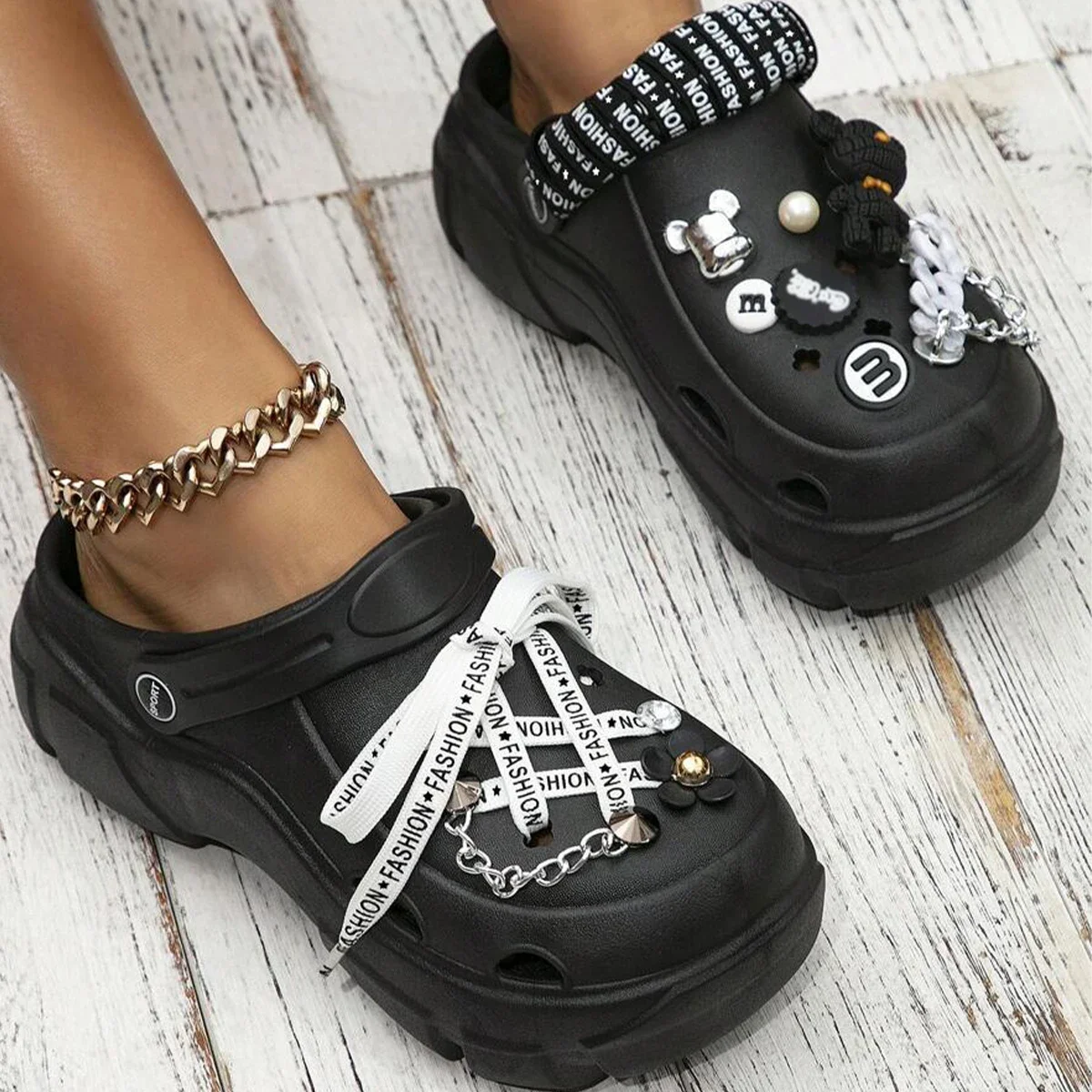 Diy Removable Chain Shoe Laces Decorative Buckle Cartoon Diamond Bear Women\'s Cute Versatile Thick-Soled Sandals