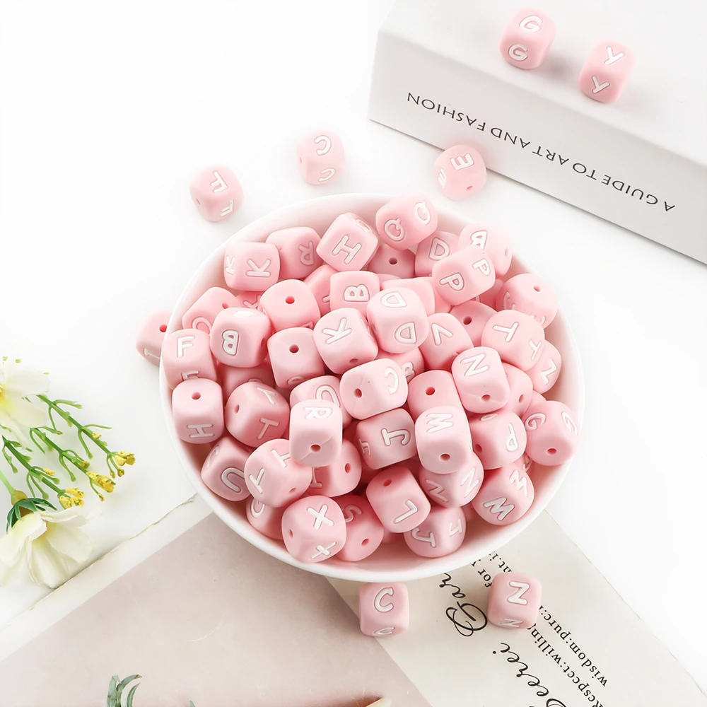 Sunrony 10~100Pcs Silicone Letters Beads 12MM Pink Square Alphabet Bead DIY Bracelet Handmade Accessories For Jewelry Making