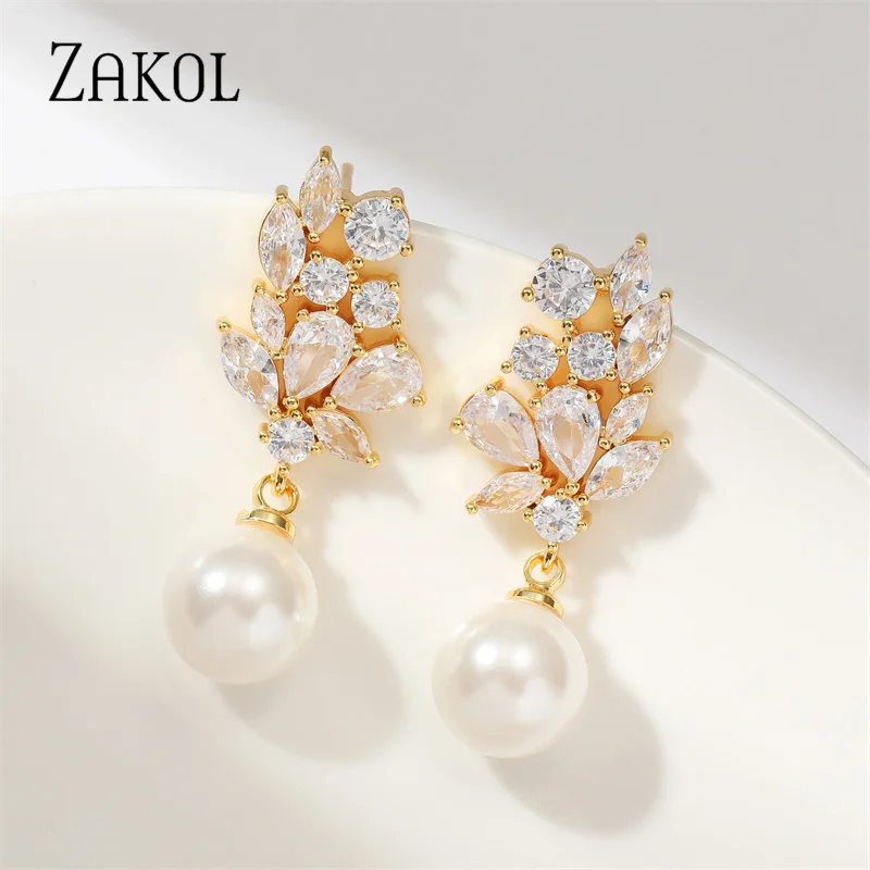 ZAKOL Fashion Round Imitation Pearl Pendant Earring for Women Shiny Crystal Zircon Flower Earrings Wedding Party Jewelry