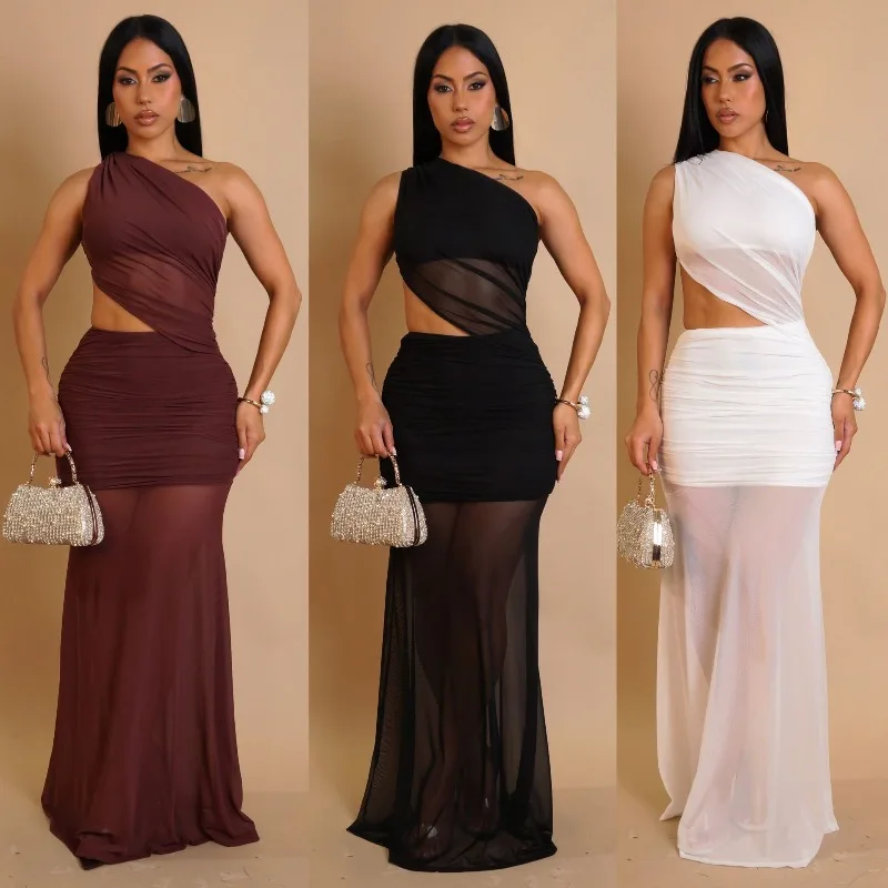 Doyerl One Shoulder Mesh Sexy Maxi Dress Women Evening Patchwork Sheath Cut Out Sleeveless Night Club Party Long Dresses Elegant