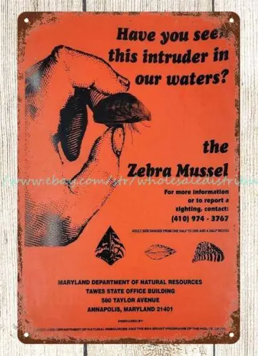 report ZEBRA MUSSEL intruder metal tin sign Maryland Natural Resources DNR