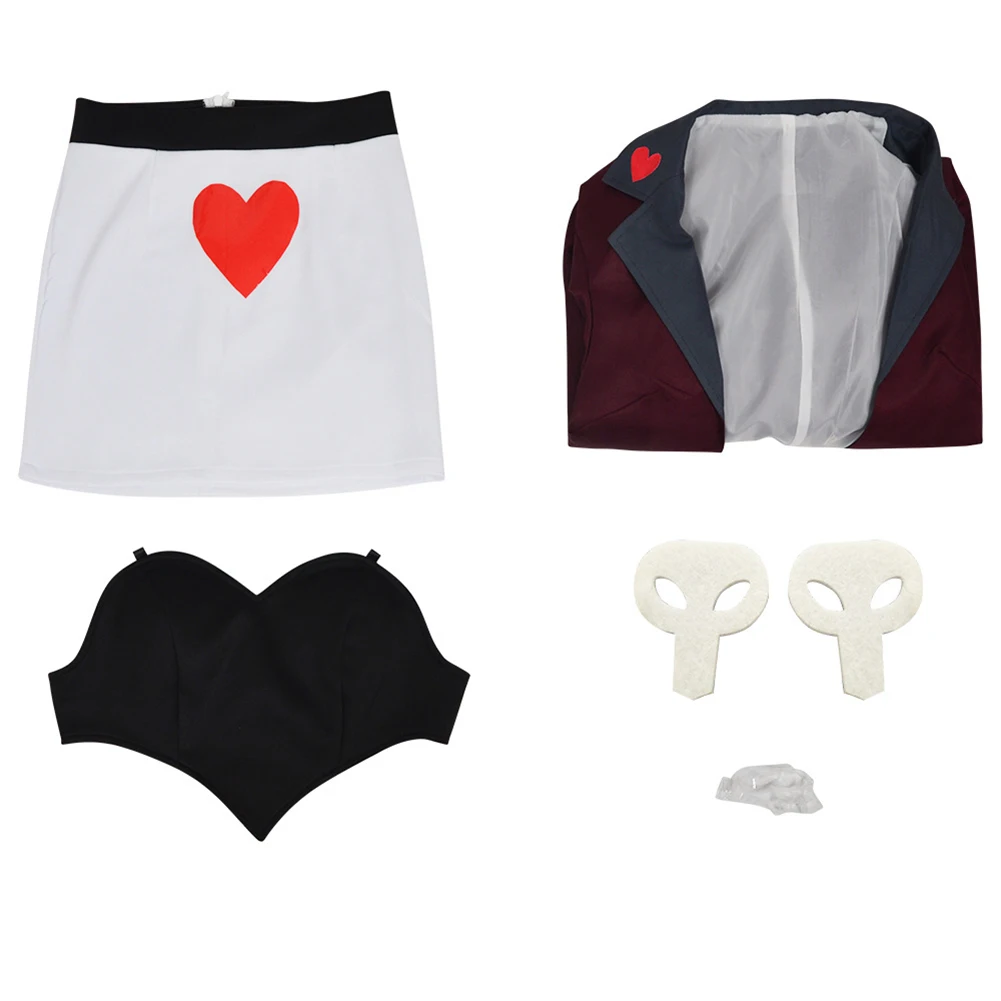 Hell Inn 2 المخملية تأثيري معطف أحمر أسود القلب أعلى زي موحد الكبار ملابس حريمي مجموعة ملابس حفلة الهالوين كرنفال