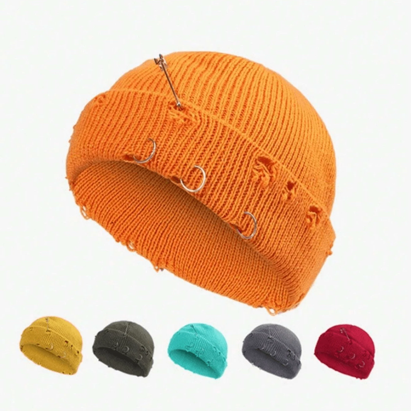 

1pc Ripped Candy Color Beanie Knit Hat Trendy Brooch Decor Unisex Hip Hop Skull Hat Coldproof Warm Knitted Hats