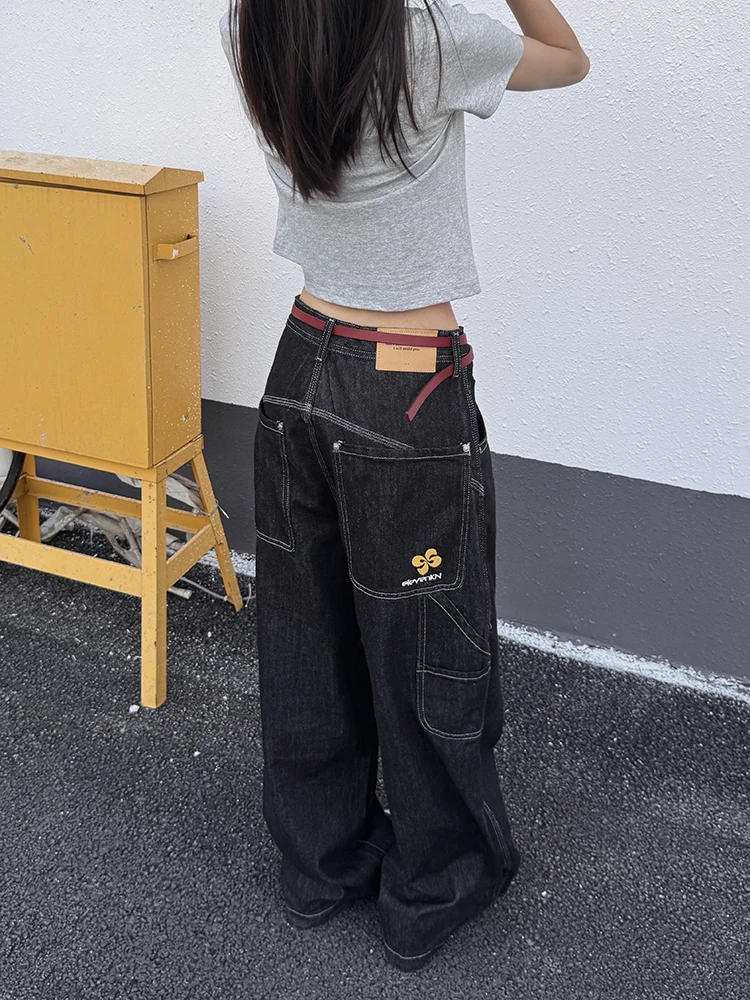 

URKR Embroidered Deconstructed Original Denim Jeans Loose Straight Leg Casual Bla Pants for Men And Women Trendy Leisure Wear