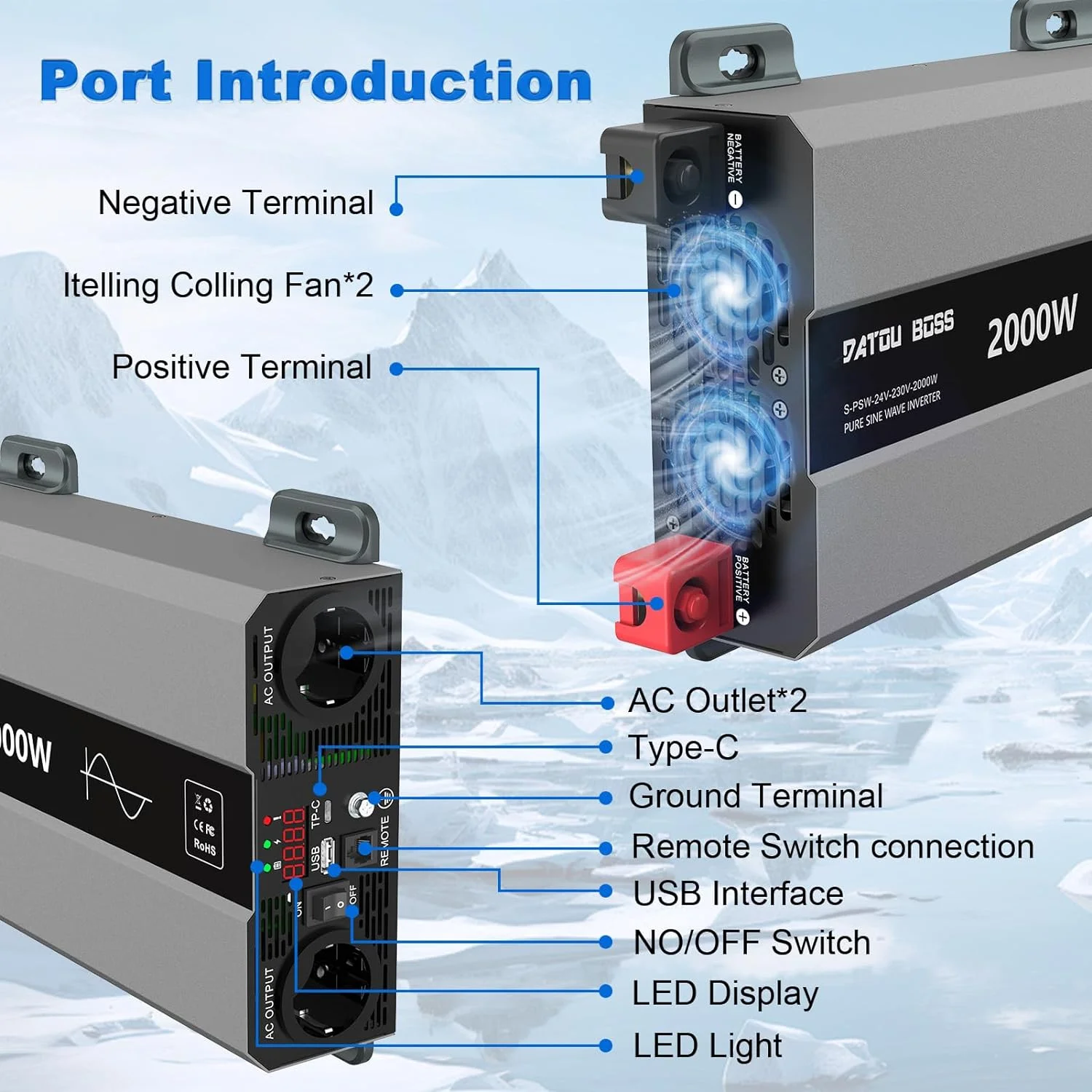 DATOUBOSS Pure Sine Inverter 12/24V to 110/220v Inverter DC to AC 