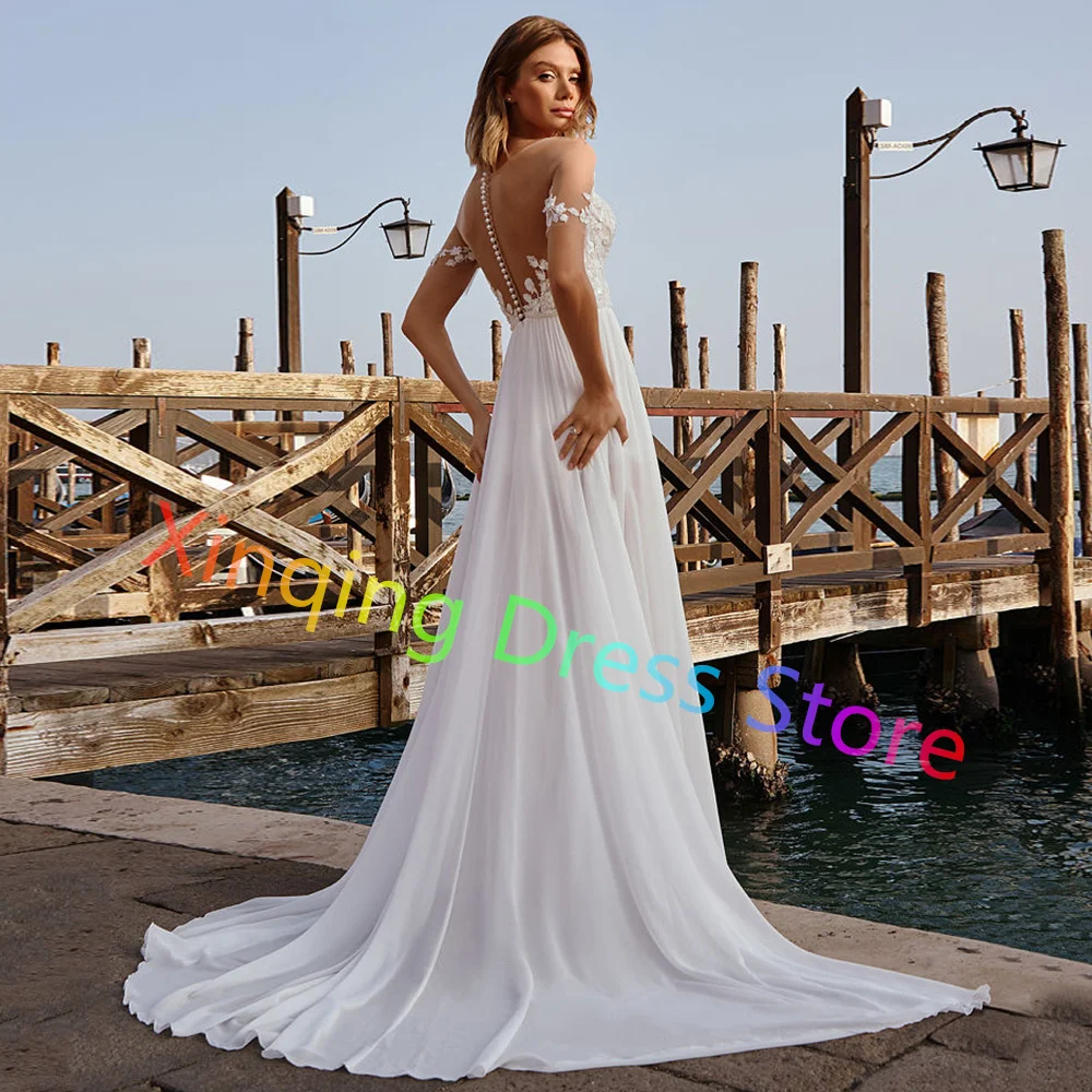 Bohemian Beach Wedding Dress See Through O-neck Appliques Short Sleeves Chiffon Side Slit Bridal Gowns Sweep Train Button Back