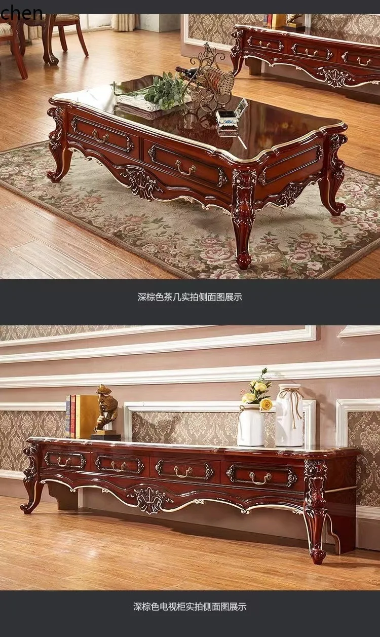 ZML Solid Wood Small Apartment Coffee Table Living Room TV Cabinet Set Marble Flower Design Model