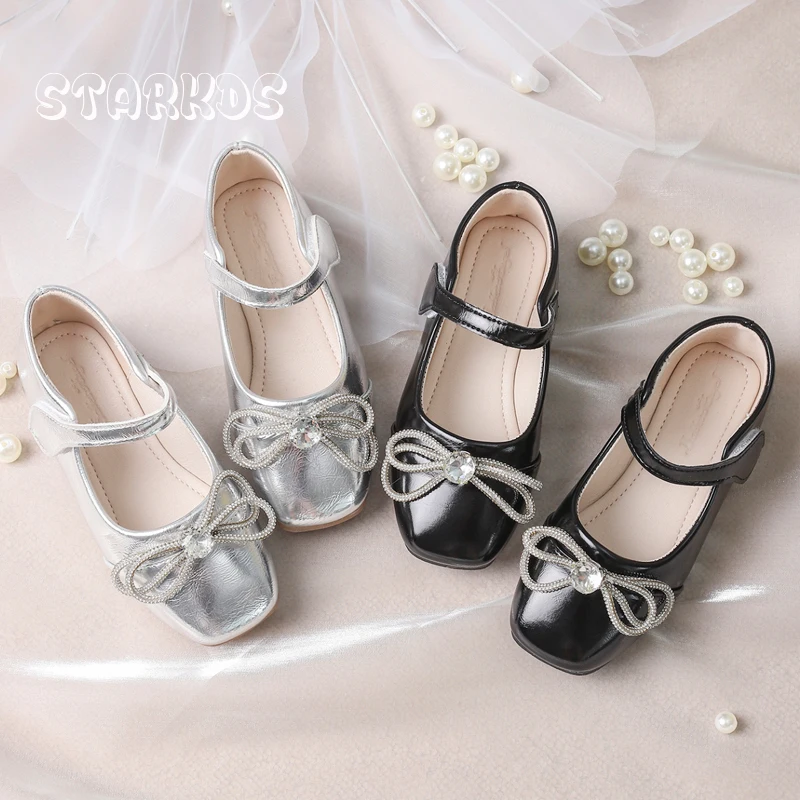 Zapatos de Ballet con lazo y diamantes de imitación para niños y niñas, Zapatos planos de charol, Mary Janes, elegantes, de cristal, para fiesta de