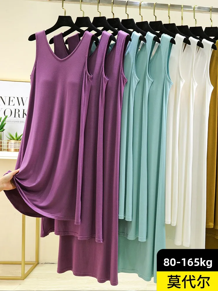 

Bla Modal Cotton Spwear Women's Summer Thin Vest Sle No Sve One-Piece Home Clothes Anti-Bue V-Ne Mid-Length Skirt