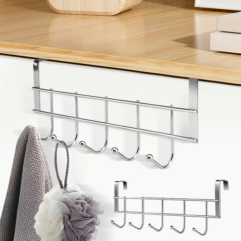 1pcs Stainless Steel Cabinet Hook No Punching 5-Hook Multifunctional Towel Coat Hanger Rack Durable Bathroom Kitchen Organizer