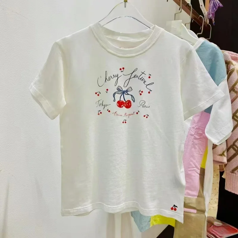 High quality 2025 Spring/Summer Girls' Simple and Versatile Cherry T-shirt Solid Color Thin Printed Short Sleeve Top