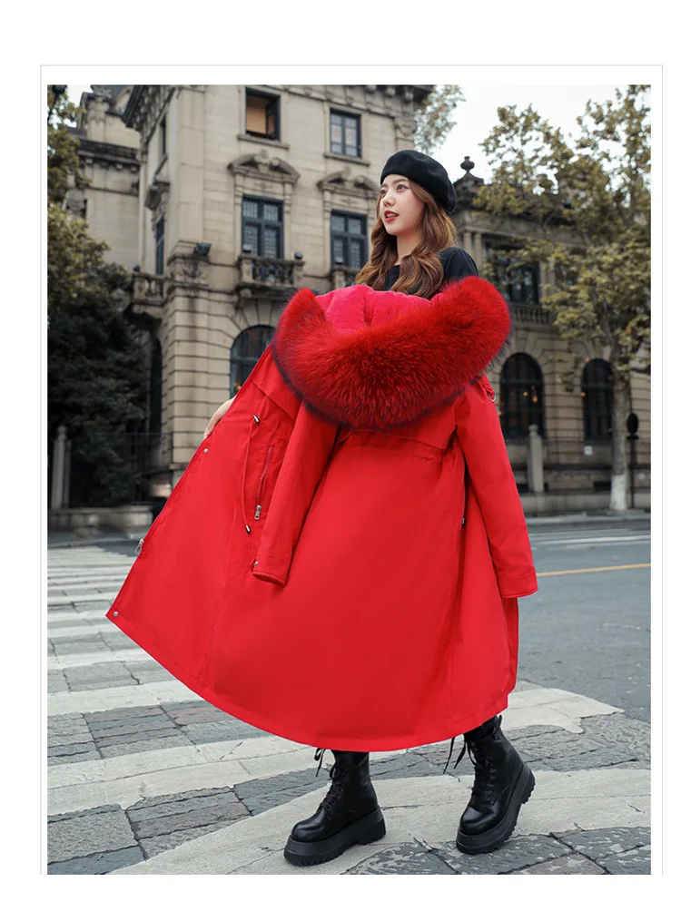 Women Hooded Parkas Coats Long Jackets Solid Detachable Big Fur Lenth Collar Zipper Drawstring Slim Fit Thick Casual 2025 Winter