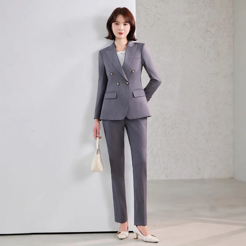 Gris à manches longues petit costume col veste femmes pantalon deux pièces ensemble automne hiver nouveau professionnel à la mode trajet