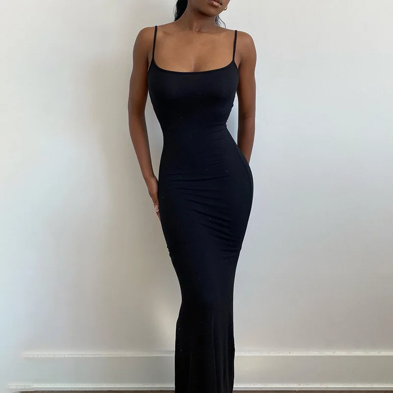 Frauen Sommer Strand ausgehen Kleidung sexy Bodycon langes Kleid einfarbig Spaghetti träger niedrig geschnittenen Abend Party kleid