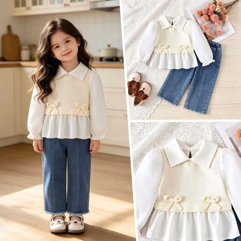Girls French Tweed Style 2 Piece Set Lapel Vest Blouse with Frayed Hem Denim Jeans Toddler Trendy Outfit