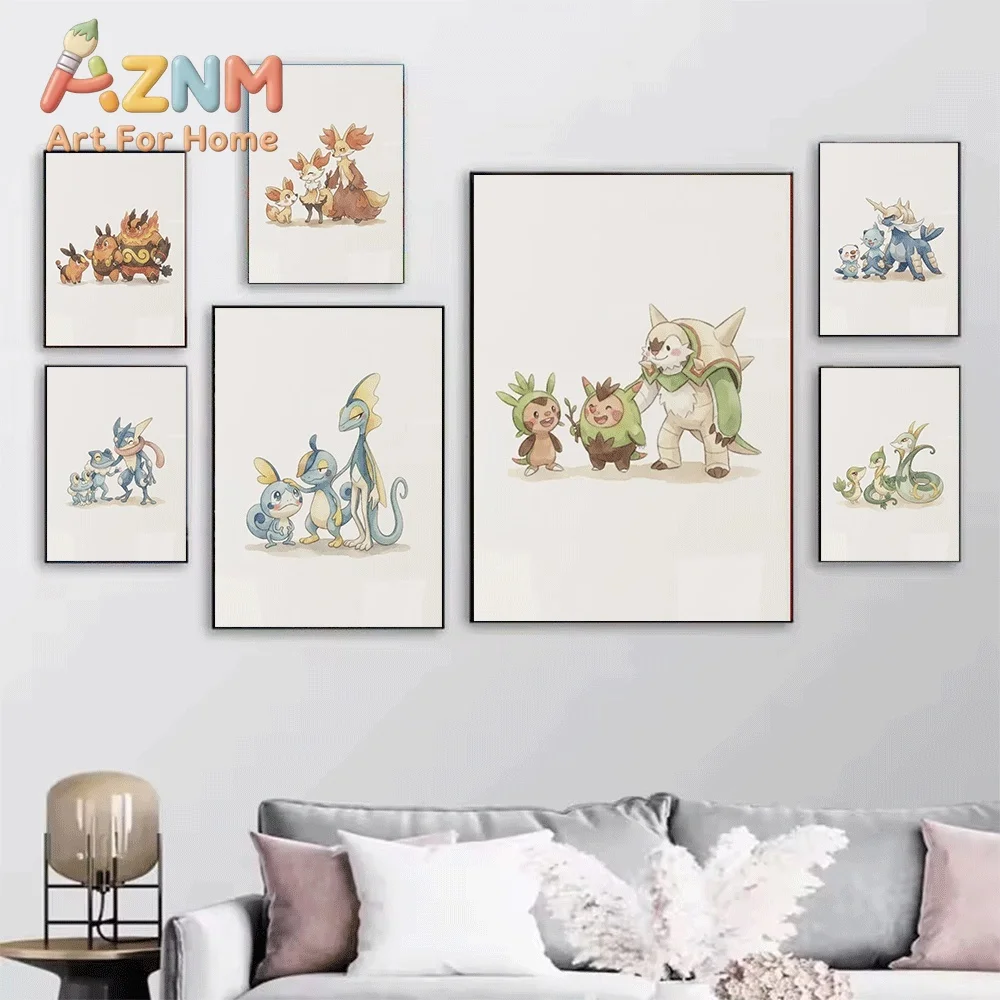 Watercolor Sprigatito Evolution Pokemon Canvas Wall Art No Frame Cute Anime Character Print Poster for Kids Bedroom Nursery Li