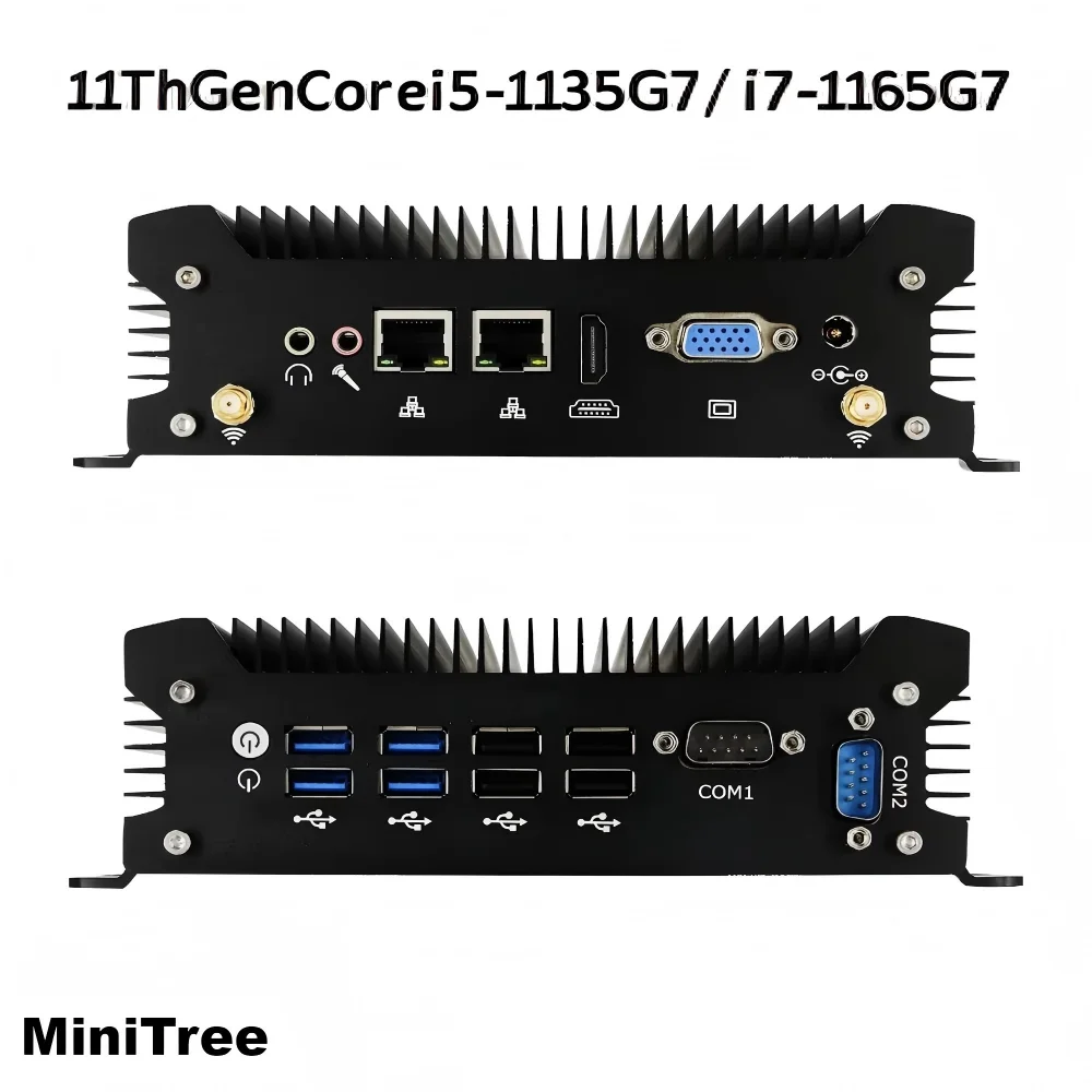 Fanless X86 Industrial Embedded Computer Core i5-1135G7 i7-1165G7 2x COM Rs232 8xUSB HD VGA Dual LAN Mini Box PC 16G RAM 4G LTE