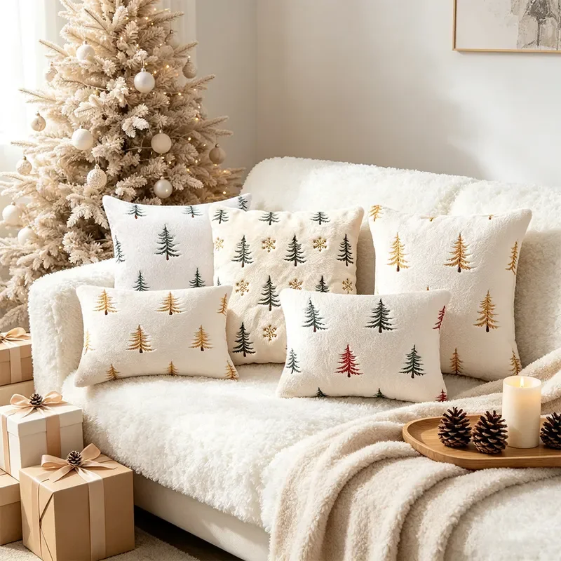 Cross-border Christmas pillow cover Christmas tree embroidery decorative pillow cover plush quilted sofa cushion cover