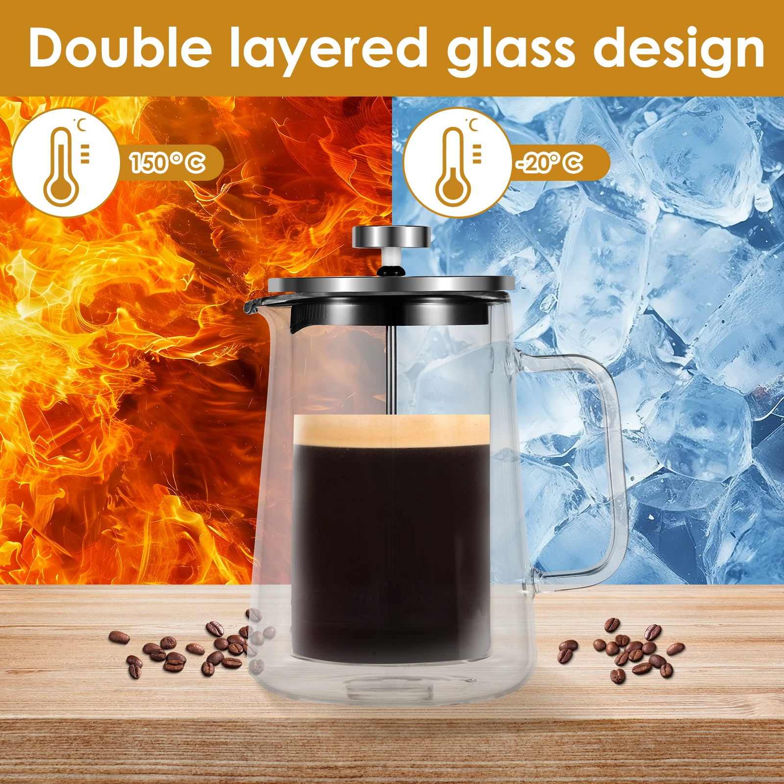 350-1000ml French Press Coffee Pot Double Wall Glass Clear French Press Tea Maker Multifunctional Coffee Maker for Home Office